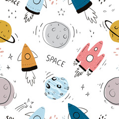 cute seamless hand drawn space pattern with rocket, star, comet, spacecraft, planets, galaxy saturn, meteorite and spaceships on white background