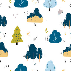 cute seamless hand drawn summer pattern with pine, tree and mountain on white background