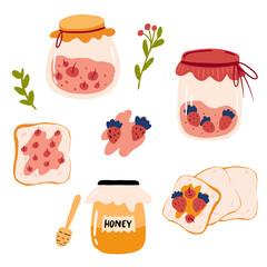 sandwich with a stawberry jam,cherry jam and honey on a white background