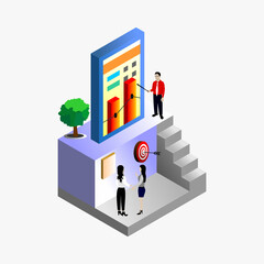 Simple business isometric illustration. Concepts of business analysis, analytics, research, strategy statistics, planning, marketing. Isometric evaluation of team performance
