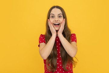Excited face, cheerful emotions of teenager girl. Cute preteen girl head shot. Child portrait on...