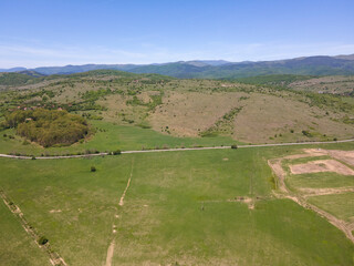 Aerial view of rural land near town of Godech, Bulgaria