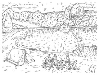 Camping in forest. Vintage engrave vector monochrome black illustration.