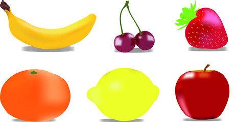 Banana, Cherry, Strawberry, Mandarin, Lemon and Apple Fruits Vector Illustration Eps 10 Vector