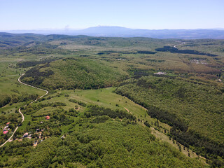 Aerial view of rural land near town of Godech, Bulgaria