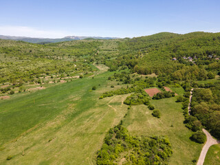 Aerial view of rural land near town of Godech, Bulgaria