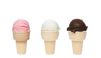 Vanilla, raspberry and chocolate ice cream scoop with cone isolated on white background