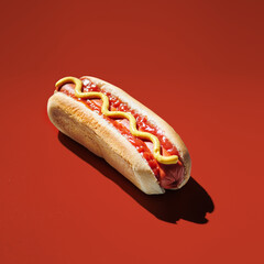 hot dog with ketchup and mustard, on red pastel background