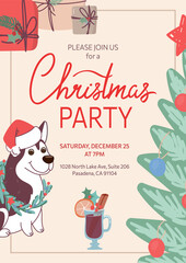 An invitation to a Christmas party. The winter card is decorated with a funny dog in a New Years hat, a Christmas tree, gifts and mulled wine. Vector New Year template, flat style