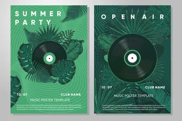 Rolgordijnen Jungle party poster with tropical leaf and vinyl disc. Summer party festival design template. Hot vector design © ne2pi