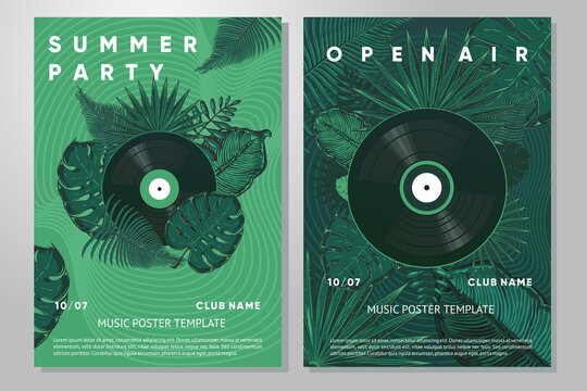 Jungle party poster with tropical leaf and vinyl disc. Summer party festival design template. Hot vector design