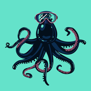 Octopus wearing a mask for diving under water. Vector illustration. Animal scuba diver. Cartoon style.