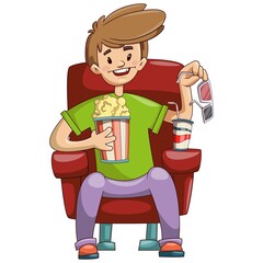 Man Sit Watching Movie In Cinema 3d Glasses With Popcorn Flat Vector Illustration