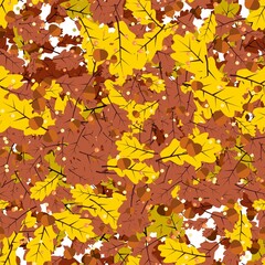 Vector seamless pattern oak yellow leaves and acorns isolated on white background.Oak leaf and acorn for September decor. Floral elements in flat style for autumn design.