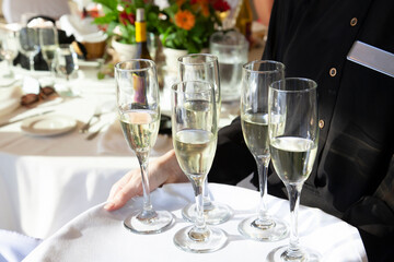 Fototapeta premium waiter in black clothing holding tray cover in white cloth. Four champagne glasses with light champagne inside