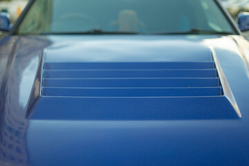 Spoiler on car. Blue hood. Transport details.