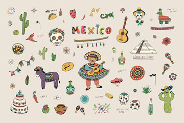 mexico travel vector traditional objects illustrations set