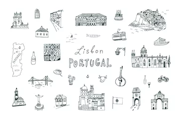 Fotobehang Travel lisbon portugal architecture line vector illustrations set © GooseFrol