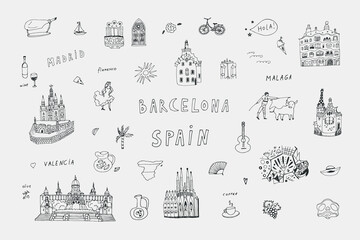 Barcelona Spain travel architecture line landmarks vector illustrations set - 508715639