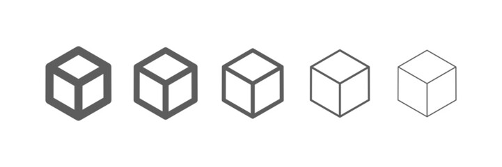 Cubic vector icons. Cube symbol set on white background. Various black cube icons.