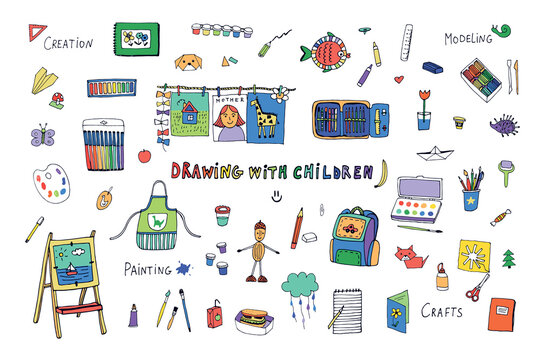 Art class for children vector illustrations set