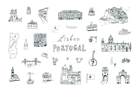 Travel lisbon portugal architecture line vector illustrations set