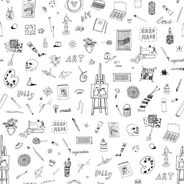 Hobby drawing arts and crafts vector seamless pattern