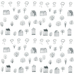 Autumn trees, houses, rainy clouds vector line seamless pattern