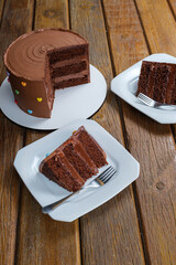 Slice of chocolate cake with filling and semisweet chocolate ganache frosting_vertical.