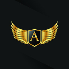 Premium Golden Wing Shield Luxury Initial Letter A logo design concept