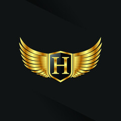 Premium Golden Wing Shield Luxury Initial Letter H logo design concept