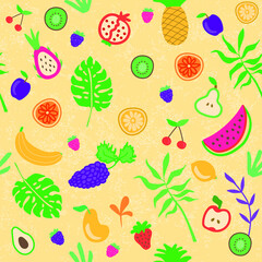 Minimal summer trendy vector tile seamless pattern in scandinavian style. Exotic fruit slice, palm leaf hibiscus flower. Textile fabric swimwear graphic design for print isolated on white.