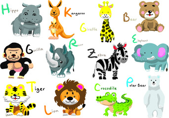 アルファベットの名前が付いたかわいい動物のイラストセット