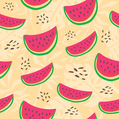 Watermelon slices fresh pattern. Cute seamless background. Vector illustration. Exotic colorful tropical fruits.