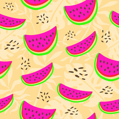 Watermelon slices fresh pattern. Cute seamless background. Vector illustration. Exotic colorful tropical fruits.