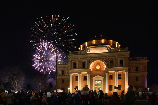Fourth of July Fireworks over Historic City Hall Building all lit up for the celebration