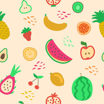 Hand drawn cute seamless pattern fruits, Orange, Banana, Pomeganate, Cherry, Strawberry, Lemon and leaf on pink pastel background. Vector illustration.