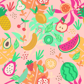 Seamless food print for fashion. Apples and lemons drawing with watercolor filter texture in bright pop colors. Fruits leaves graphic design for kitchen, cafe menus, restaurant curtains, upholstery.