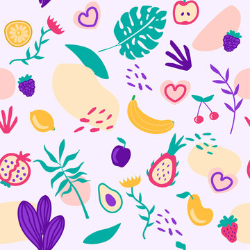 Hawaiian seamless pattern with tropical fruits and flowers. Vector illustration surface print on white background.