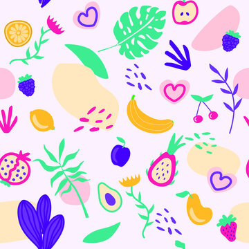 Hawaiian seamless pattern with tropical fruits and flowers. Vector illustration surface print on white background.