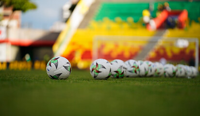 soccer balls in line on the playing field