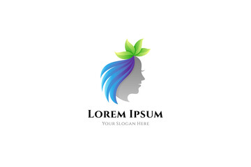 natural beauty logo, women and leaf with 3d shape in gradient blue and green color