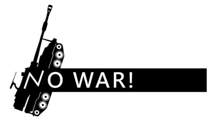 black and white logo with the silhouette of a tank and the inscription no to war