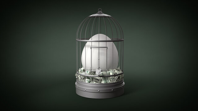 3D Illustration of Nest Egg Concept, Secure in Cage with Lock on Elegant, Green Background, in Nest of Money Isolated, Symbol of Secure Retirement Investing and Savings.