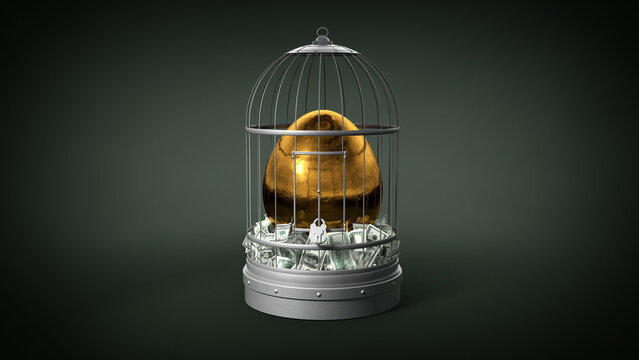 3D Illustration of Gold Nest Egg Concept, Secure in Cage with Lock on Elegant, Green Background, in Nest of Money Isolated, Symbol of Secure Retirement Investing and Savings.