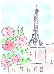 Fototapeta na wymiar Paris, France. Exterior. Architecture. Tourist place. Watercolor, art decoration, sketch. Illustration hand drawn modern