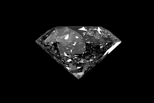Side view of a round brilliant cut diamond isolated on black background.