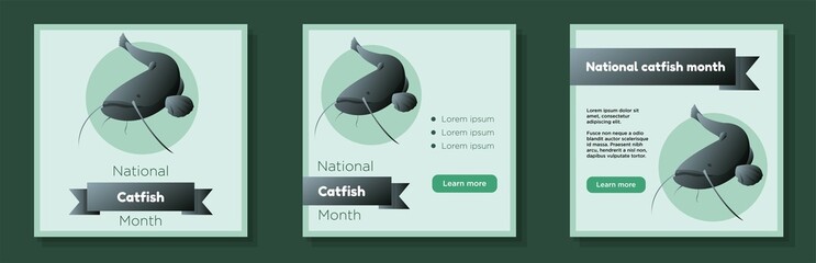 National catfish month social media post, banner set, freshwater predator fish advertisement concept, wildlife celebration day marketing square ad, abstract print, isolated on background