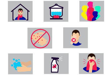 Vector collection of illustrations of coronavirus precautions such as staying at home when sick, covering your mouth with a tissue when coughing, and others.