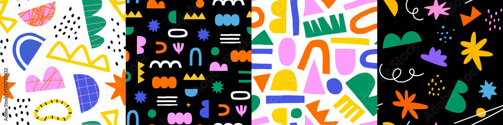 Poster set of abstract organic shape seamless pattern with colorful geometric doodles. flat cartoon backgro